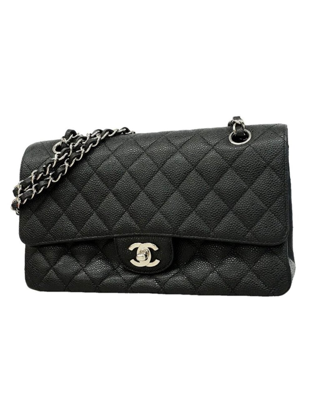 Chanel Shoulder Bag Quilted Caviar Leather Black Silver